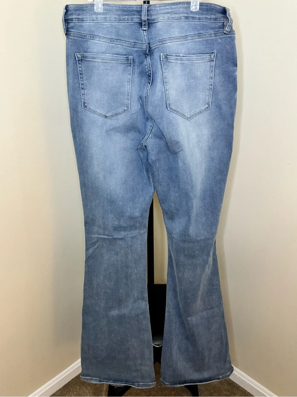 Fashion Nova Light Blue High-Rise Flare Jeans with Knee Rips - Picture 3 of 5